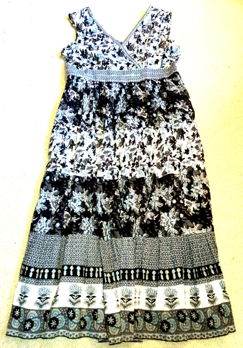 Womens Dress-PHOOL-black/blue/wht floral cotton tiered BOHO maxi Cottagecore-1X
